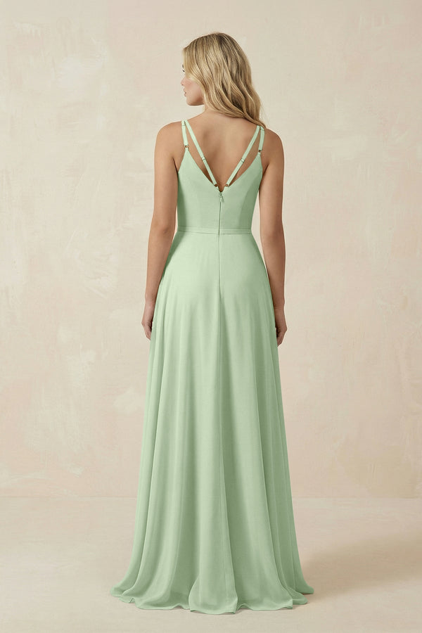 V - Neck A - Line Chiffon Bridesmaid Dress with Crisscross Back in Sage - SHE IS ME Bridesmaid Dresses