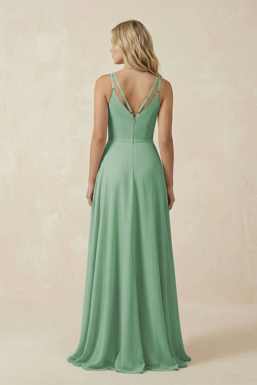 V - Neck A - Line Chiffon Bridesmaid Dress with Crisscross Back in Sea Glass - SHE IS ME Bridesmaid Dresses
