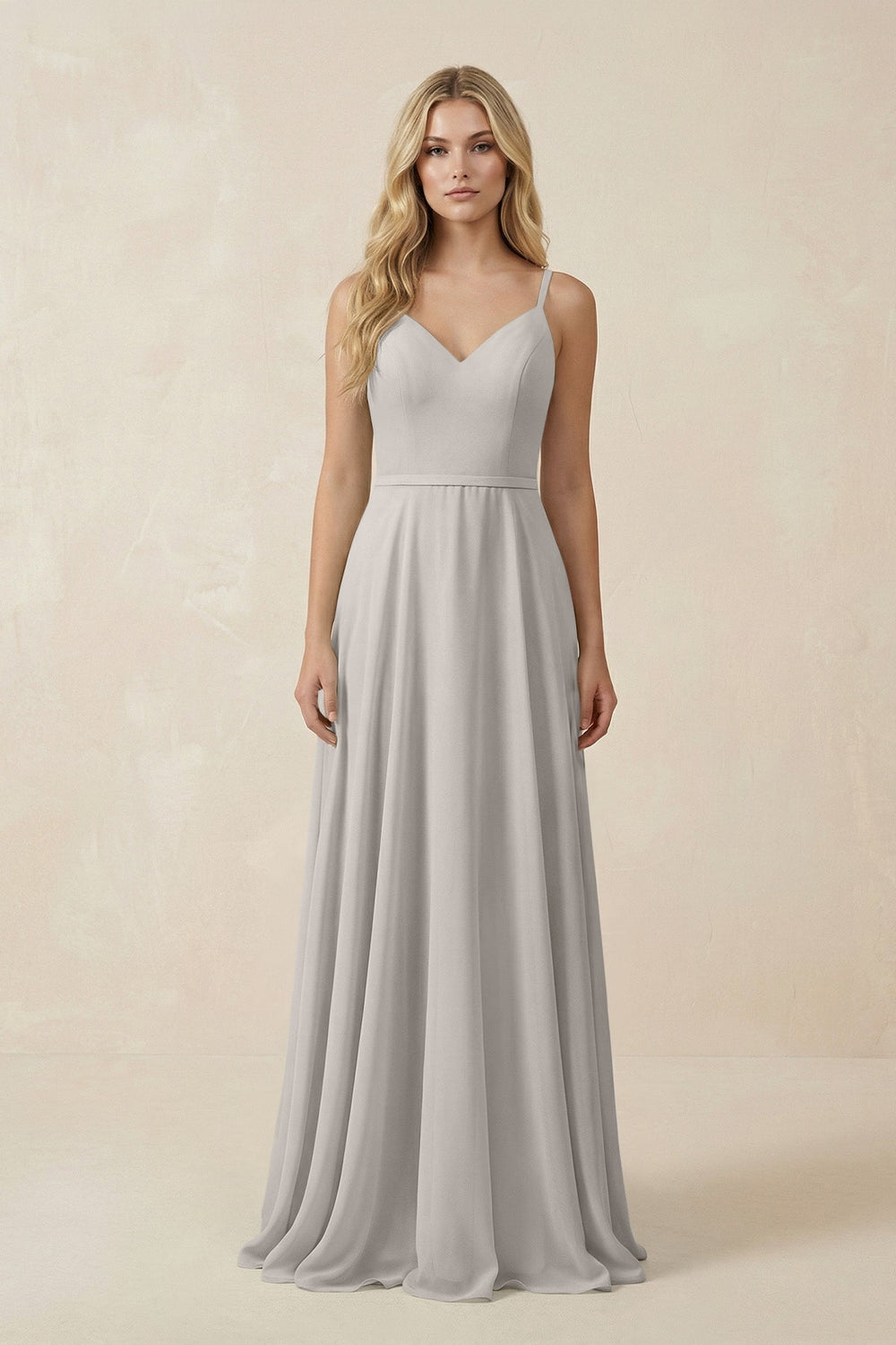 V - Neck A - Line Chiffon Bridesmaid Dress with Crisscross Back in Silver - SHE IS ME Bridesmaid Dresses