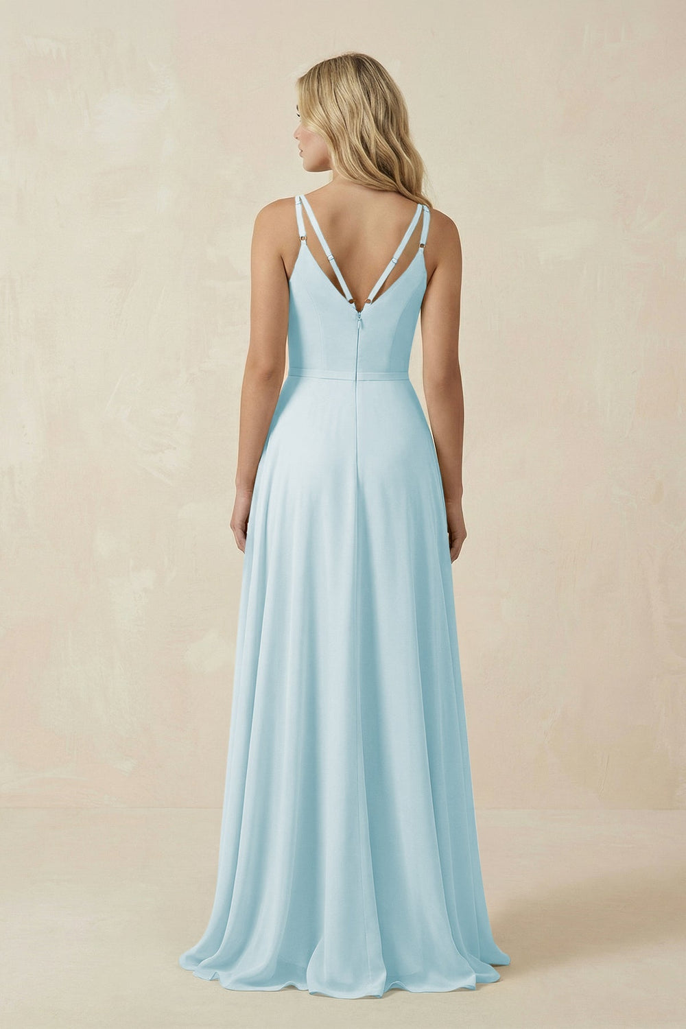 V - Neck A - Line Chiffon Bridesmaid Dress with Crisscross Back in Sky Blue - SHE IS ME Bridesmaid Dresses