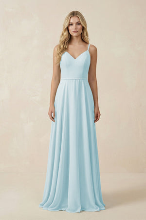 V - Neck A - Line Chiffon Bridesmaid Dress with Crisscross Back in Sky Blue - SHE IS ME Bridesmaid Dresses