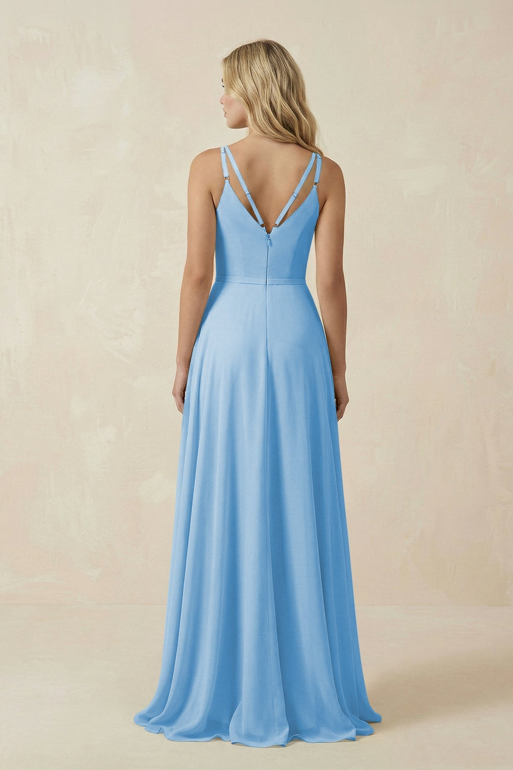 V - Neck A - Line Chiffon Bridesmaid Dress with Crisscross Back in Steel Blue - SHE IS ME Bridesmaid Dresses