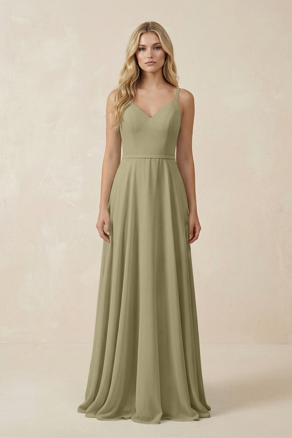 V - Neck A - Line Chiffon Bridesmaid Dress with Crisscross Back in Thyme - SHE IS ME Bridesmaid Dresses