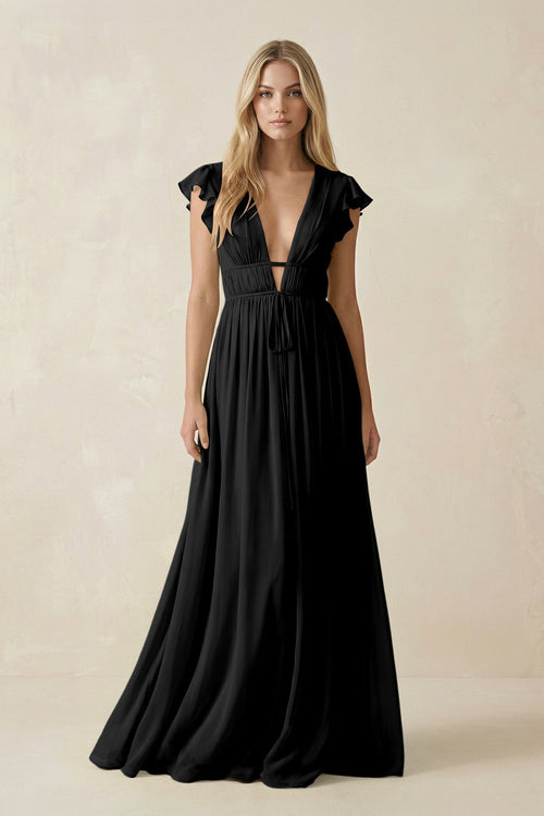 V - Neck A - Line Chiffon Cap Sleeves Bridesmaid Dress in Black - SHE IS ME Bridesmaid Dresses