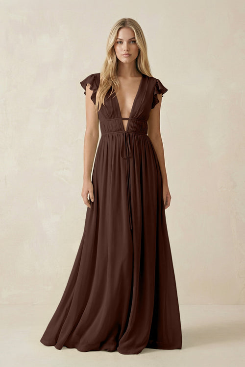 V - Neck A - Line Chiffon Cap Sleeves Bridesmaid Dress in Espresso - SHE IS ME Bridesmaid Dresses
