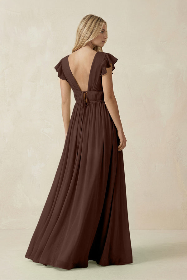 V - Neck A - Line Chiffon Cap Sleeves Bridesmaid Dress in Espresso - SHE IS ME Bridesmaid Dresses