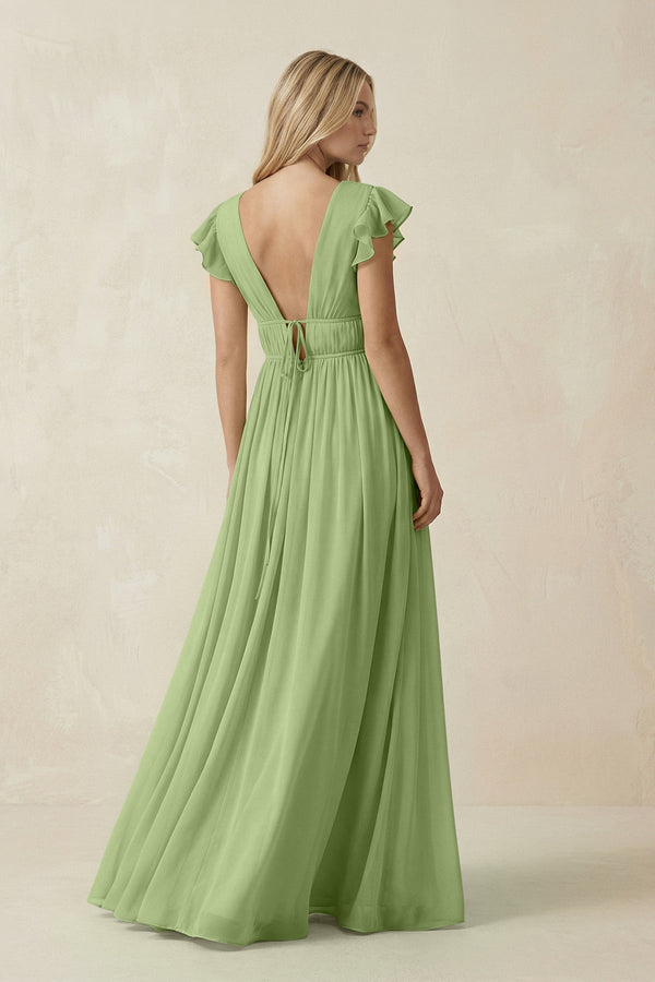 V - Neck A - Line Chiffon Cap Sleeves Bridesmaid Dress in Matcha - SHE IS ME Bridesmaid Dresses