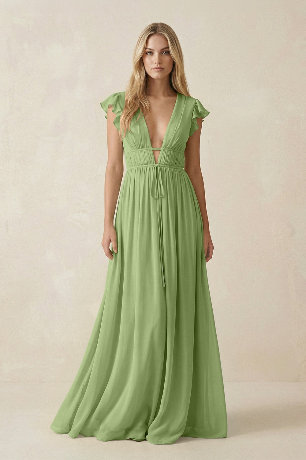 V - Neck A - Line Chiffon Cap Sleeves Bridesmaid Dress in Matcha - SHE IS ME Bridesmaid Dresses