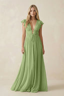V - Neck A - Line Chiffon Cap Sleeves Bridesmaid Dress in Matcha - SHE IS ME Bridesmaid Dresses