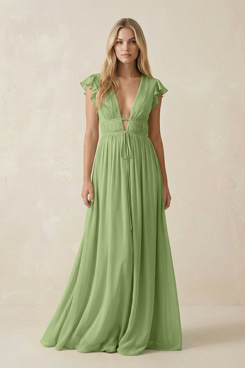 V - Neck A - Line Chiffon Cap Sleeves Bridesmaid Dress in Matcha - SHE IS ME Bridesmaid Dresses