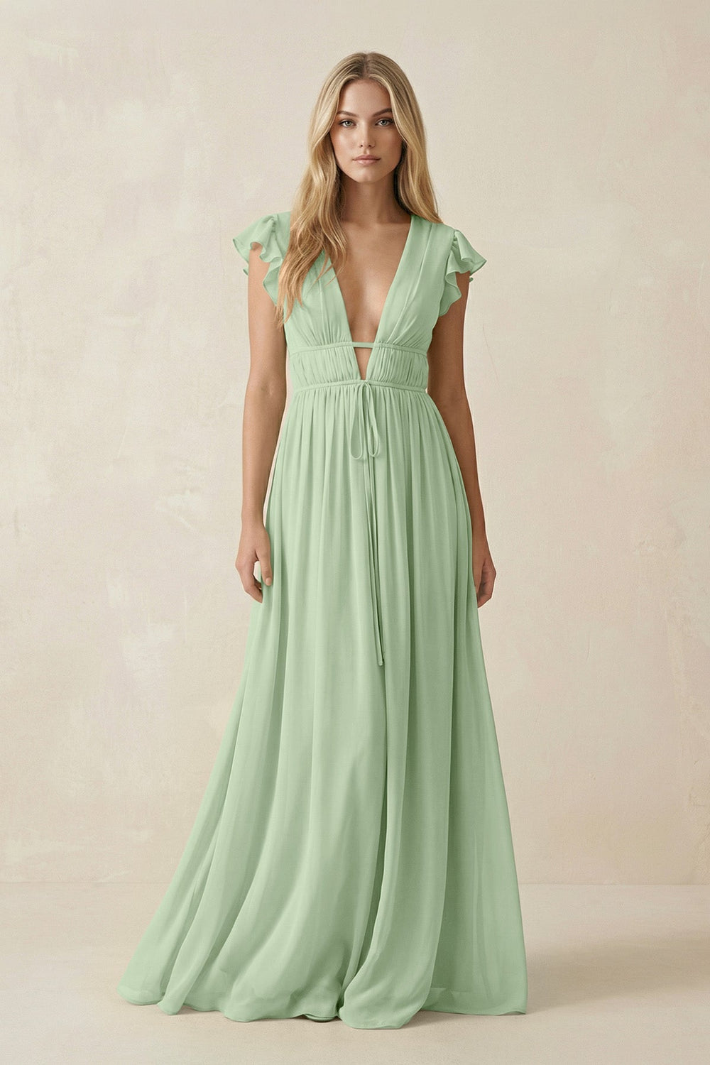 V - Neck A - Line Chiffon Cap Sleeves Bridesmaid Dress in Sage - SHE IS ME Bridesmaid Dresses