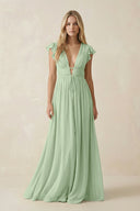 V - Neck A - Line Chiffon Cap Sleeves Bridesmaid Dress in Sage - SHE IS ME Bridesmaid Dresses