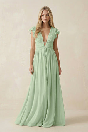 V - Neck A - Line Chiffon Cap Sleeves Bridesmaid Dress in Sage - SHE IS ME Bridesmaid Dresses