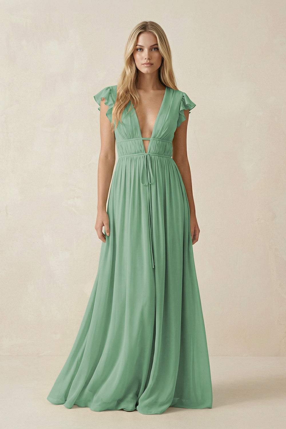 V - Neck A - Line Chiffon Cap Sleeves Bridesmaid Dress in Sea Glass - SHE IS ME Bridesmaid Dresses