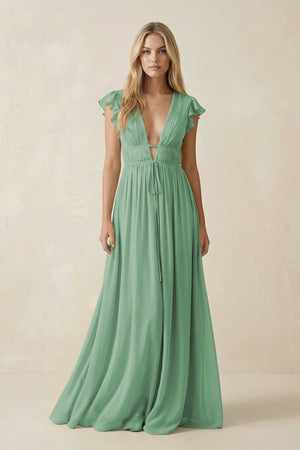 V - Neck A - Line Chiffon Cap Sleeves Bridesmaid Dress in Sea Glass - SHE IS ME Bridesmaid Dresses