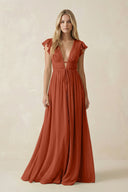 V - Neck A - Line Chiffon Cap Sleeves Bridesmaid Dress in Spice - SHE IS ME Bridesmaid Dresses