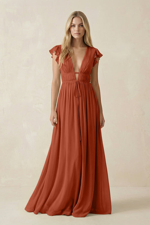 V - Neck A - Line Chiffon Cap Sleeves Bridesmaid Dress in Spice - SHE IS ME Bridesmaid Dresses