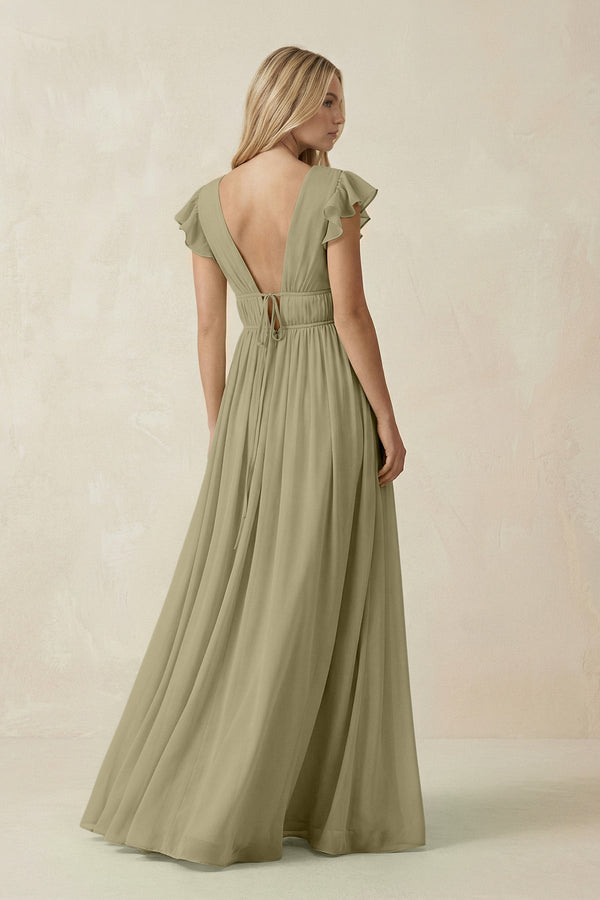 V - Neck A - Line Chiffon Cap Sleeves Bridesmaid Dress in Thyme - SHE IS ME Bridesmaid Dresses