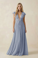 V - Neck A - Line Chiffon Cap Sleeves Bridesmaid Dress in Twilight - SHE IS ME Bridesmaid Dresses