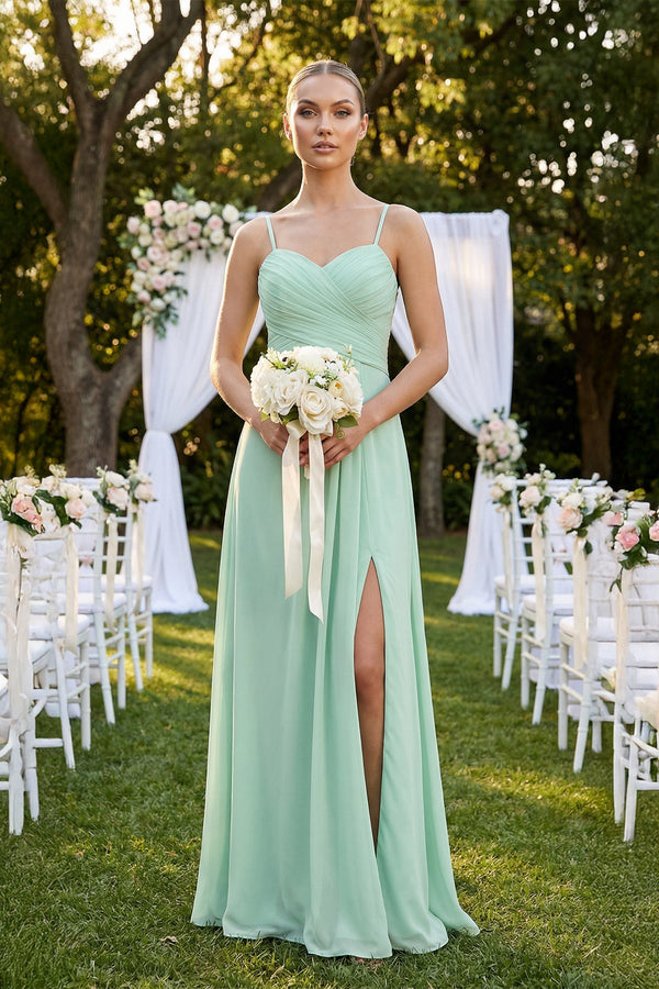 V-Neck A-Line Chiffon Pleated Bridesmaid Dress in Pale Pistachio - SHE IS ME BRIDESMAID DRESSES