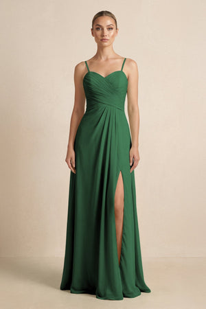 V - Neck A - Line Chiffon Pleated Bridesmaid Dress in Dark Green - SHE IS ME Bridesmaid Dresses