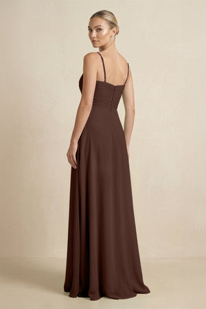V - Neck A - Line Chiffon Pleated Bridesmaid Dress in Espresso - SHE IS ME Bridesmaid Dresses