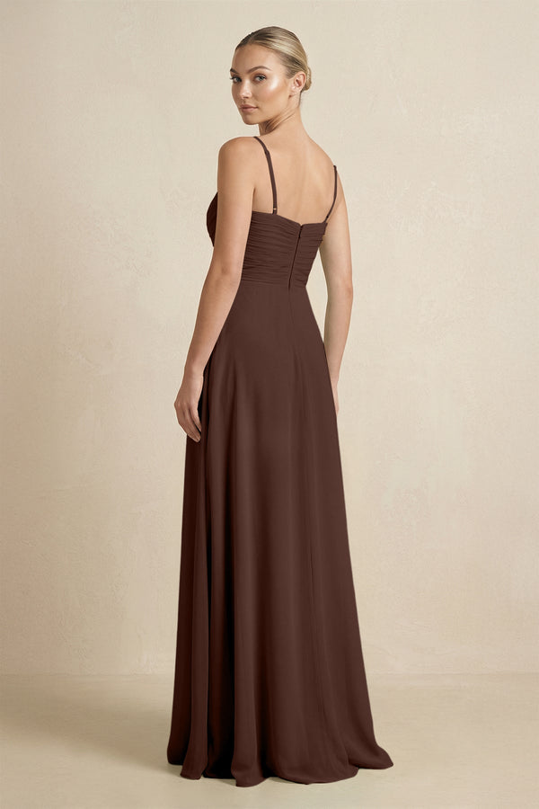 V - Neck A - Line Chiffon Pleated Bridesmaid Dress in Espresso - SHE IS ME Bridesmaid Dresses