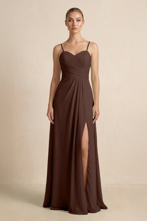 V - Neck A - Line Chiffon Pleated Bridesmaid Dress in Espresso - SHE IS ME Bridesmaid Dresses