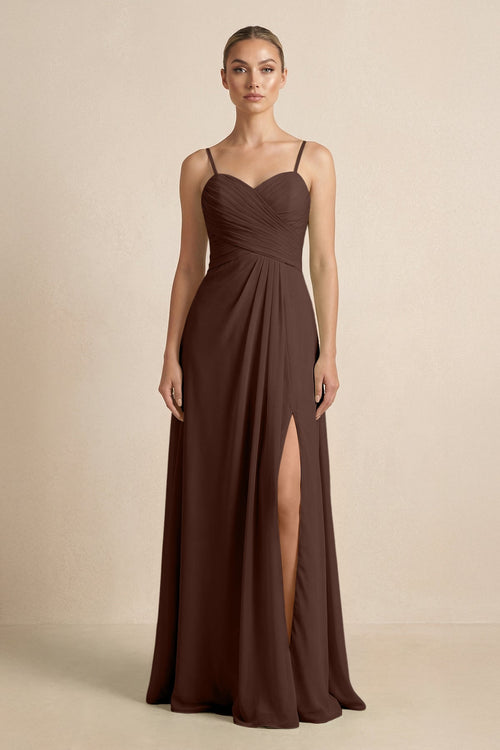 V - Neck A - Line Chiffon Pleated Bridesmaid Dress in Espresso - SHE IS ME Bridesmaid Dresses