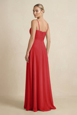 V - Neck A - Line Chiffon Pleated Bridesmaid Dress in Ruby Red - SHE IS ME Bridesmaid Dresses
