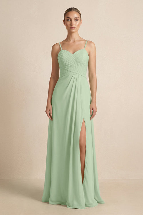 V - Neck A - Line Chiffon Pleated Bridesmaid Dress in Sage - SHE IS ME Bridesmaid Dresses
