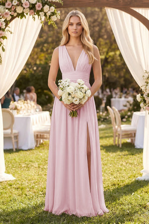 V - Neck A - Line Chiffon Ruched Bridesmaid Dress in Candy Pink - SHE IS ME Bridesmaid Dresses