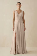 V - Neck A - Line Chiffon Ruffled Bridesmaid Dress in Almond - SHE IS ME Bridesmaid Dresses