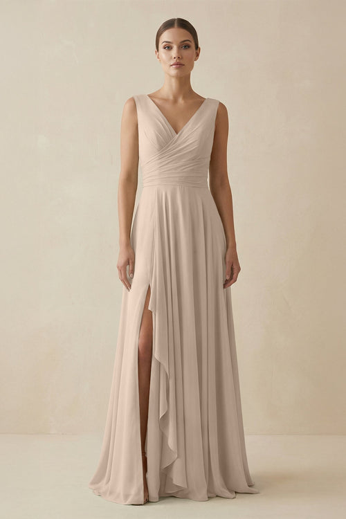 V - Neck A - Line Chiffon Ruffled Bridesmaid Dress in Almond - SHE IS ME Bridesmaid Dresses