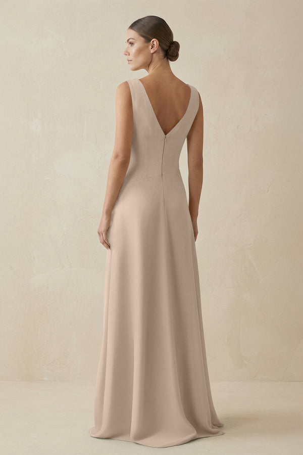 V - Neck A - Line Chiffon Ruffled Bridesmaid Dress in Almond - SHE IS ME Bridesmaid Dresses