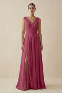 V - Neck A - Line Chiffon Ruffled Bridesmaid Dress in Desert Rose - SHE IS ME Bridesmaid Dresses