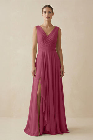 V - Neck A - Line Chiffon Ruffled Bridesmaid Dress in Desert Rose - SHE IS ME Bridesmaid Dresses