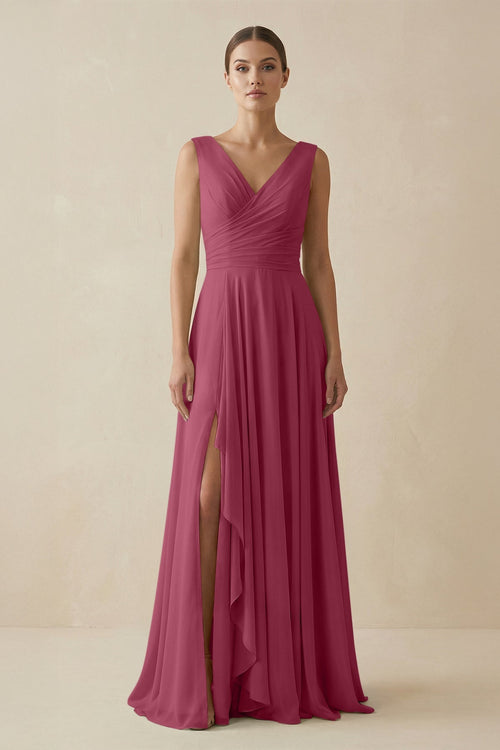 V - Neck A - Line Chiffon Ruffled Bridesmaid Dress in Desert Rose - SHE IS ME Bridesmaid Dresses