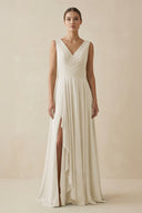 V - Neck A - Line Chiffon Ruffled Bridesmaid Dress in Dove Gray - SHE IS ME Bridesmaid Dresses