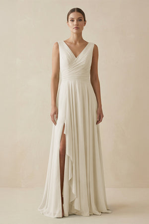 V - Neck A - Line Chiffon Ruffled Bridesmaid Dress in Dove Gray - SHE IS ME Bridesmaid Dresses