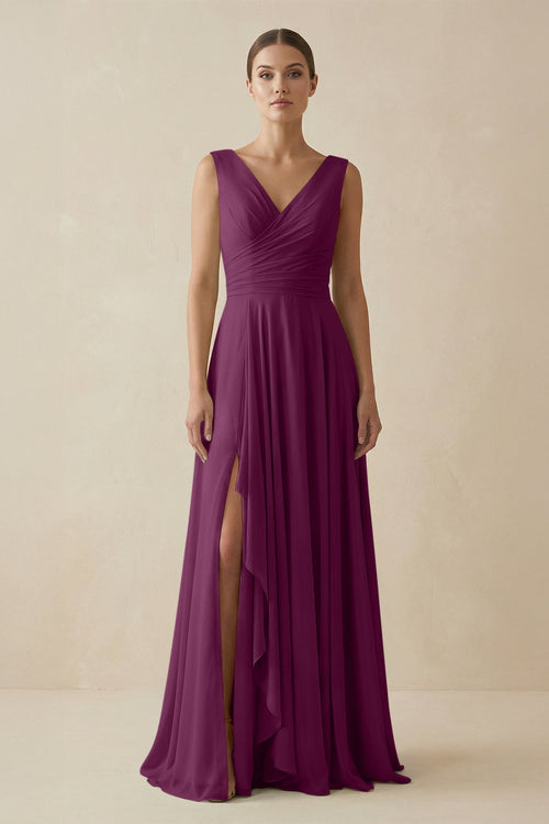 V - Neck A - Line Chiffon Ruffled Bridesmaid Dress in Fig - SHE IS ME Bridesmaid Dresses