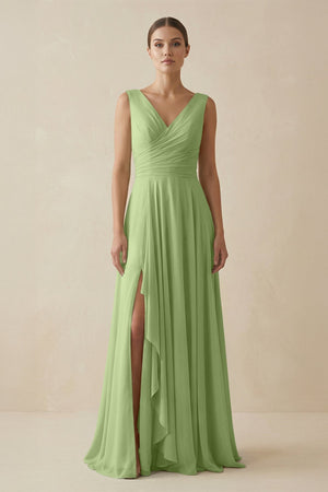 V - Neck A - Line Chiffon Ruffled Bridesmaid Dress in Matcha - SHE IS ME Bridesmaid Dresses