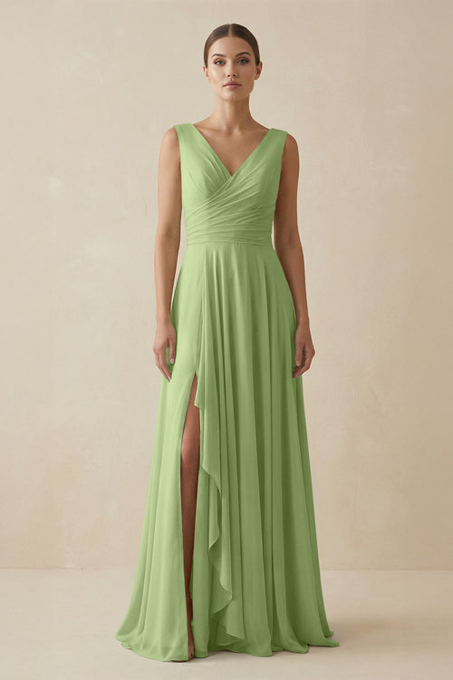 V - Neck A - Line Chiffon Ruffled Bridesmaid Dress in Matcha - SHE IS ME Bridesmaid Dresses