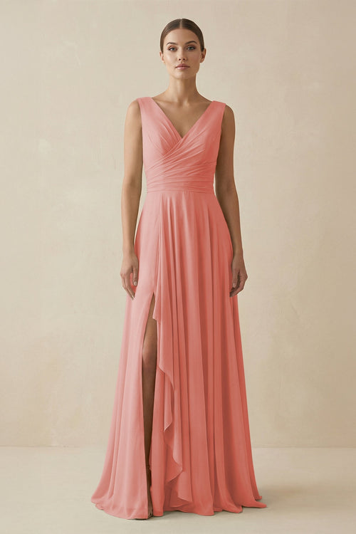 V - Neck A - Line Chiffon Ruffled Bridesmaid Dress in Mulberry - SHE IS ME Bridesmaid Dresses