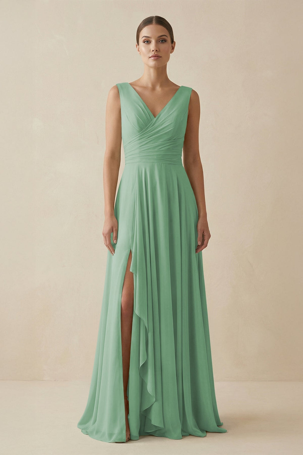 V - Neck A - Line Chiffon Ruffled Bridesmaid Dress in Sea Glass - SHE IS ME Bridesmaid Dresses