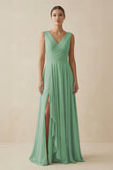 V - Neck A - Line Chiffon Ruffled Bridesmaid Dress in Sea Glass - SHE IS ME Bridesmaid Dresses