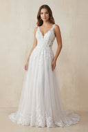 V - Neck A - Line Lace Tulle Wedding Dress in Ivory - SHE IS ME Wedding Dresses