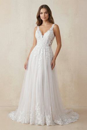 V - Neck A - Line Lace Tulle Wedding Dress in Ivory - SHE IS ME Wedding Dresses