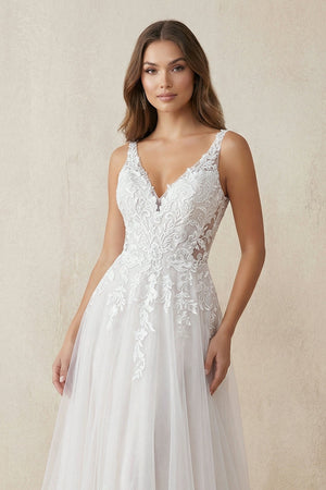 V - Neck A - Line Lace Tulle Wedding Dress in Ivory - SHE IS ME Wedding Dresses
