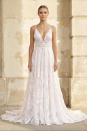 V Neck A Line Lace Wedding Dress in White and Nude - SHE IS ME Wedding Dresses
